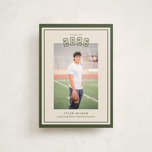 This is a forest graduation announcements with standard by Megan Cash called varsity year printing on signature in petite