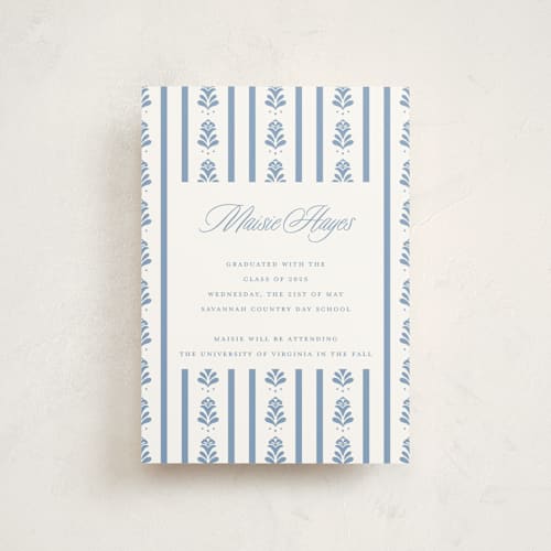 This is a provincial blue graduation announcements with standard by Erin German called sweet garden printing on signature in petite