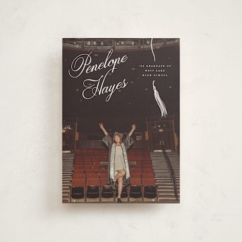 This is a snow graduation announcements with standard by Pixel and Hank called tassel type printing on signature in petite