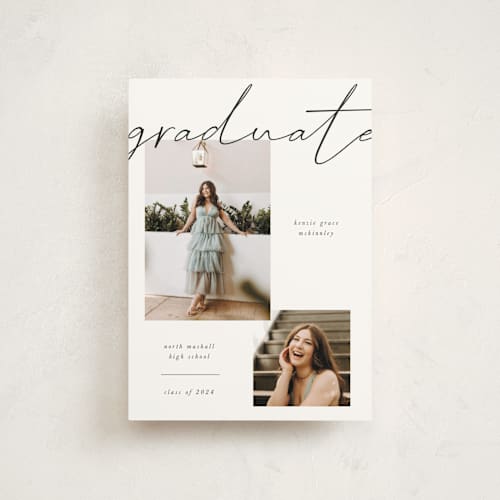 This is a chalkboard graduation announcements with standard by Kelly Watkins called simple + script printing on signature in petite