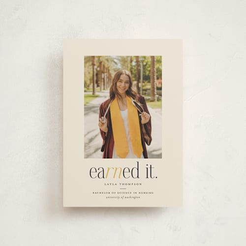 This is a marigold graduation announcements with standard by Louise Kay called earned it printing on signature in petite