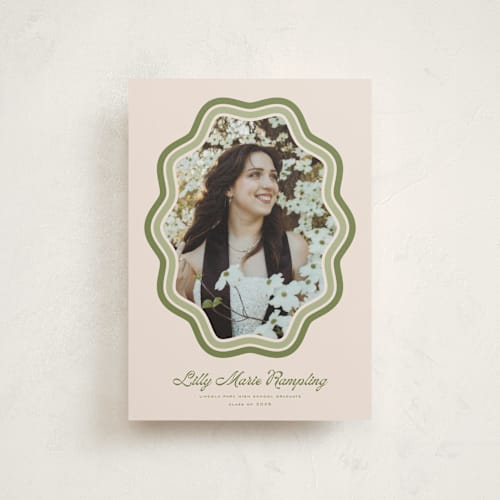 This is a matcha graduation announcements with standard by Melanie Kosuge called scalloped printing on signature in petite
