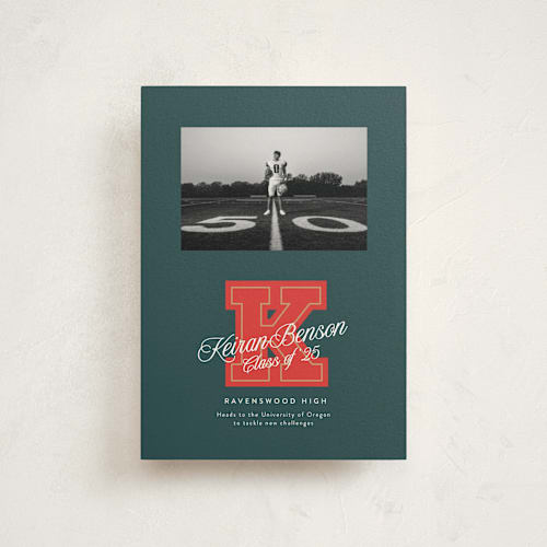 This is a forest graduation announcements with standard by Leia Matt called varsity initial printing on signature in petite