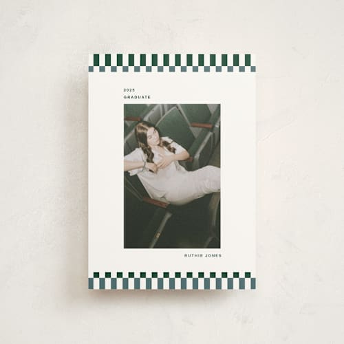 This is a pine graduation announcements with standard by Rachel Cassel called checked out printing on signature in petite