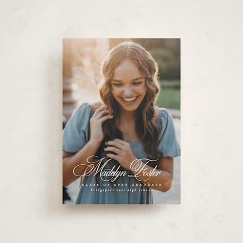 This is a salt graduation announcements with standard by Lea Delaveris called with a flourish printing on signature in postcard