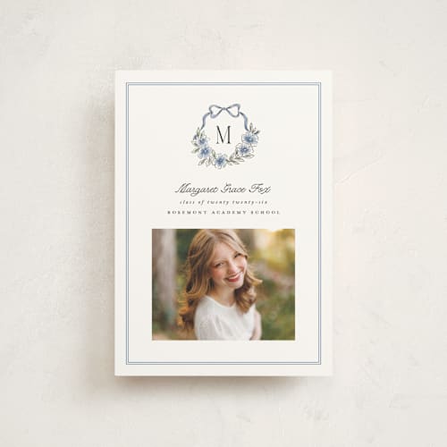 This is a cornflower graduation announcements with standard by Laura Hankins called floral crest printing on signature in postcard