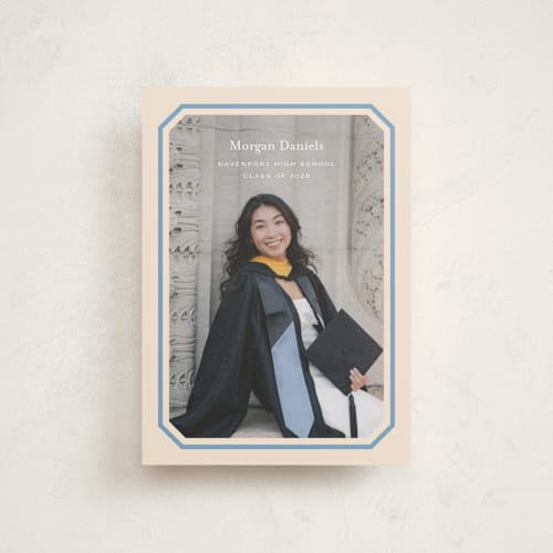 This is a robins egg graduation announcements with standard by Carolyn MacLaren called angled frame printing on signature in postcard