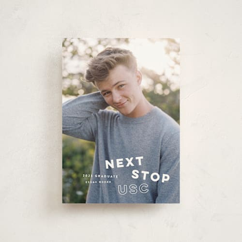This is a pearl graduation announcements with standard by Sara Hicks Malone called next stop printing on signature in postcard