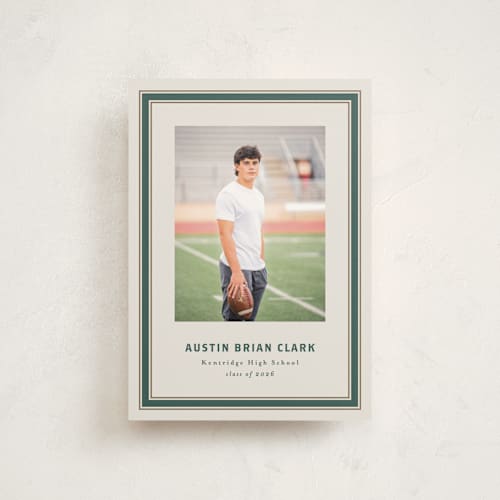 This is a evergreen graduation announcements with standard by Angela Garrick called varsity frame printing on signature in postcard