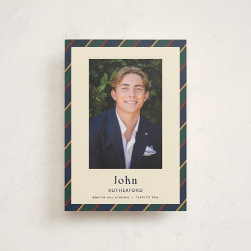 This is a navy graduation announcements with standard by Sarah Rosenthal called belmont printing on signature in postcard
