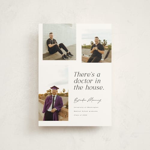 This is a domino graduation announcements with standard by Corinne Malesic called doctor in the house printing on signature in postcard