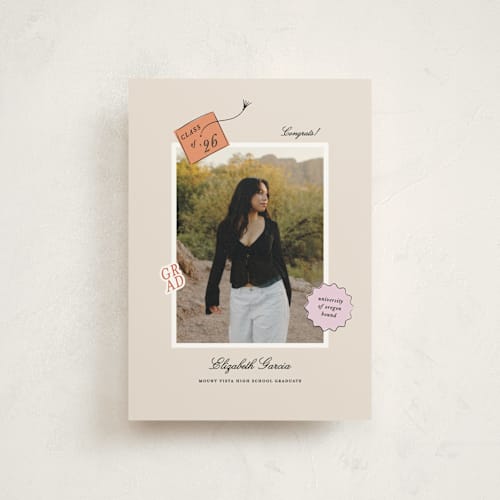 This is a apricot graduation announcements with standard by Ashley Iwafuchi called grad vibes printing on signature in postcard