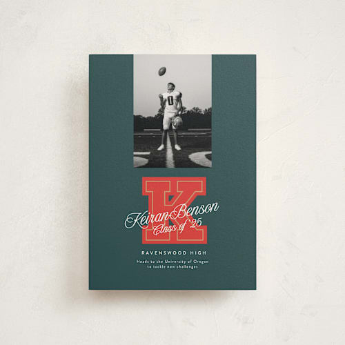 This is a forest graduation announcements with standard by Leia Matt called varsity initial printing on signature in postcard