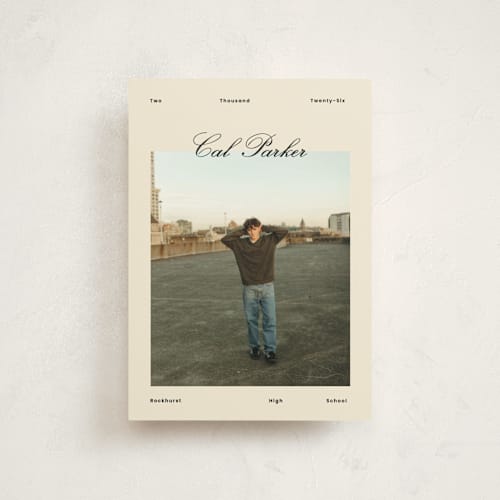 This is a sand graduation announcements with standard by Rachel Cassel called perfectly scripted printing on signature in postcard