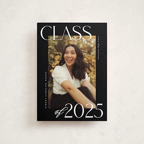 This is a licorice graduation announcements with standard by Jessica Williams called scholarly surround printing on signature in postcard
