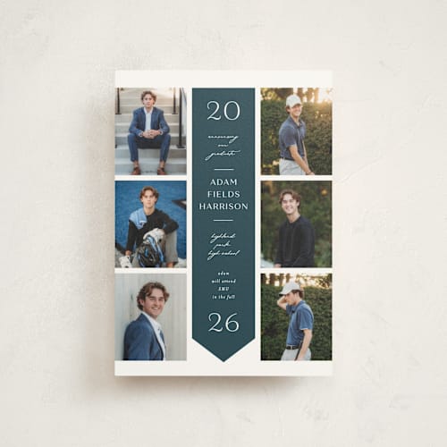 This is a navy graduation announcements with standard by Lauren Chism called center stole printing on signature in postcard