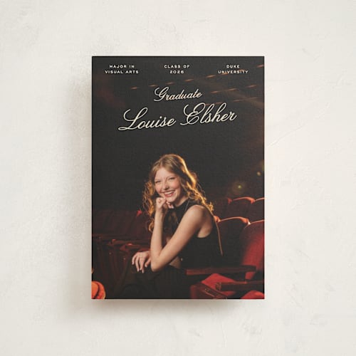 This is a champagne graduation announcements with standard by Pati Cascino called teather printing on signature in postcard