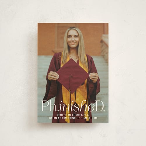 This is a cloud graduation announcements with standard by Heather Schertzer called ph.inished. printing on signature in postcard