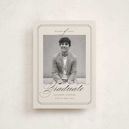 This is a taupe graduation announcements with standard by Ashley Iwafuchi called refined grad printing on signature in postcard
