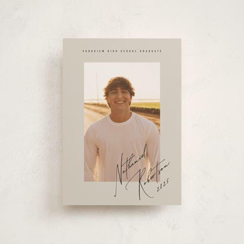 This is a sandstone graduation announcements with standard by Stacy Maalouf called grad signature printing on signature in postcard