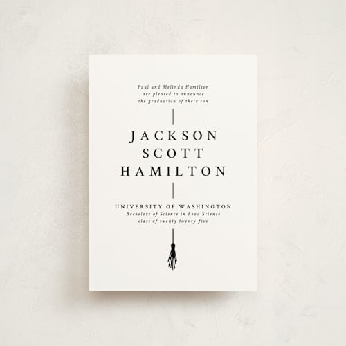 This is a onyx graduation announcements with standard by Amy Payne called tassel line printing on signature in postcard