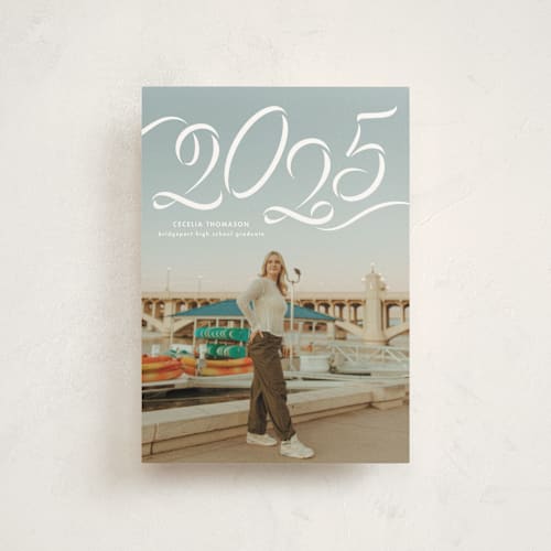 This is a salt graduation announcements with standard by Lea Delaveris called ribbon printing on signature in postcard