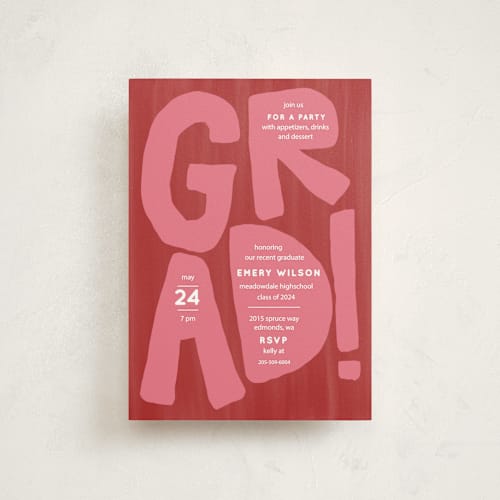 This is a ruby graduation invitations with standard by Erin Kessler called grad! printing on signature in postcard