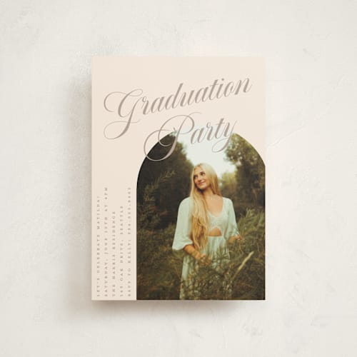 This is a almond graduation invitations with standard by Morgan Kendall called modern curves printing on signature in postcard