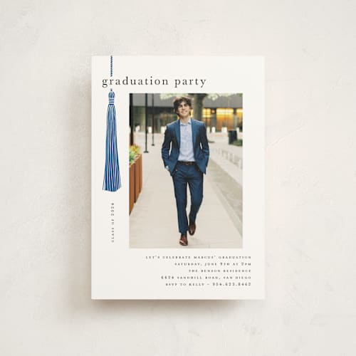 This is a cobalt graduation invitations with standard by Ashlee Townsend called tassled printing on signature in postcard