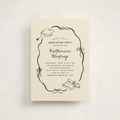 This is a noir graduation invitations with standard by Creo Study called trendsetter printing on signature in postcard