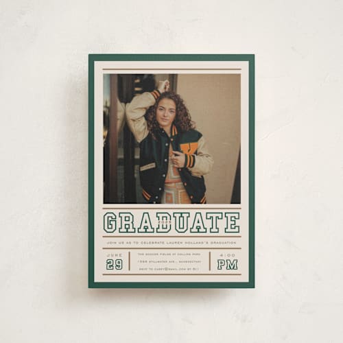 This is a vintage graduation invitations with standard by Erin L. Wilson called varsity frame printing on signature in postcard