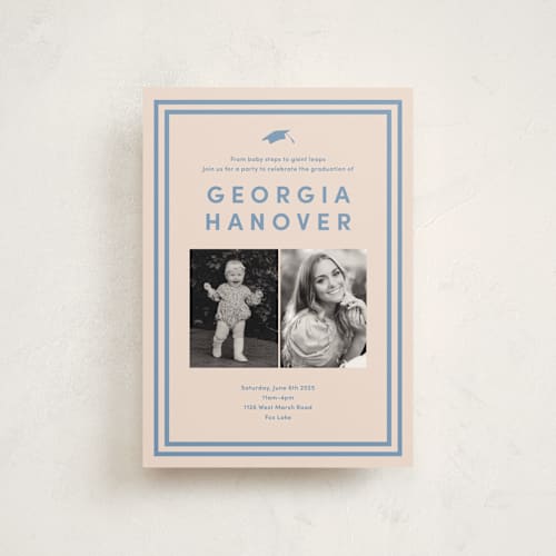 This is a country blue graduation invitations with standard by Inkblot Design called classically done printing on signature in postcard