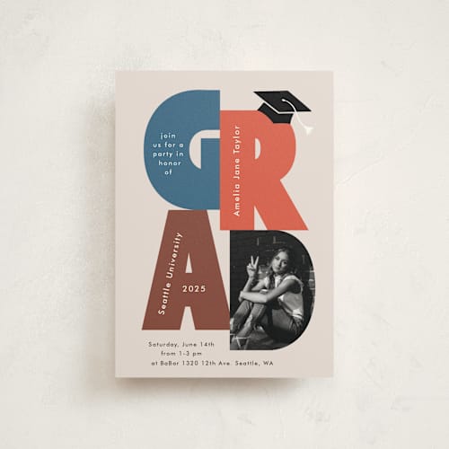 This is a denim graduation invitations with standard by Alethea and Ruth called grad letter pic printing on signature in postcard