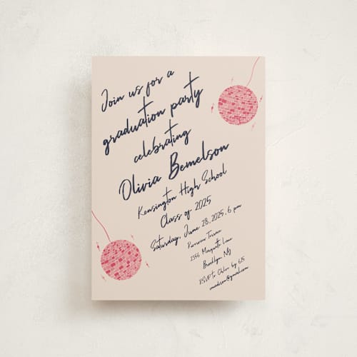 This is a fuchsia graduation invitations with standard by Sarah Rosenthal called sparkle and rhythm celebration printing on signature in postcard