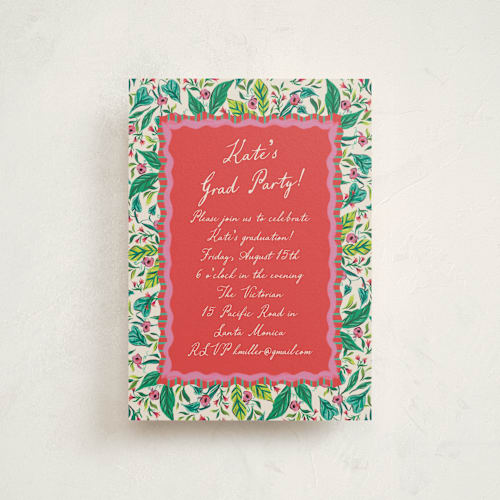 This is a peony graduation invitations with standard by Jackie Crawford called whimsical hand illustrated crest printing on signature in postcard