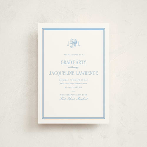 This is a sky blue graduation invitations with standard by Megan Davis called chesapeake printing on signature in postcard