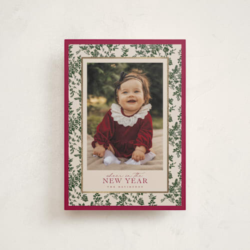 This is a holly berry petite holiday cards with foil pressed by Jenna Holcomb called merry floral toile printing on signature in petite