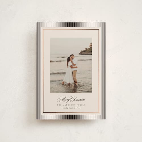 This is a linen petite holiday cards with foil pressed by Kelly Schmidt called striped elegance printing on signature in petite