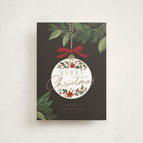 This is a coal petite holiday cards with standard by Everett Paper Goods called ornament branch printing on signature in petite