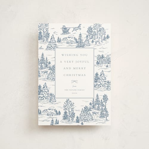 This is a periwinkle petite holiday cards with standard by Jennifer Lew called christmas toile printing on signature in petite