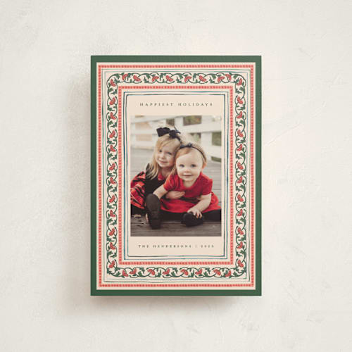 This is a caramel petite holiday cards with standard by Teju Reval called festive block print printing on signature in petite
