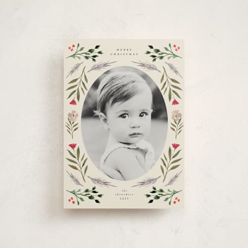 This is a buttercream petite holiday cards with standard by Lindsay Megahed called merry round printing on signature in petite