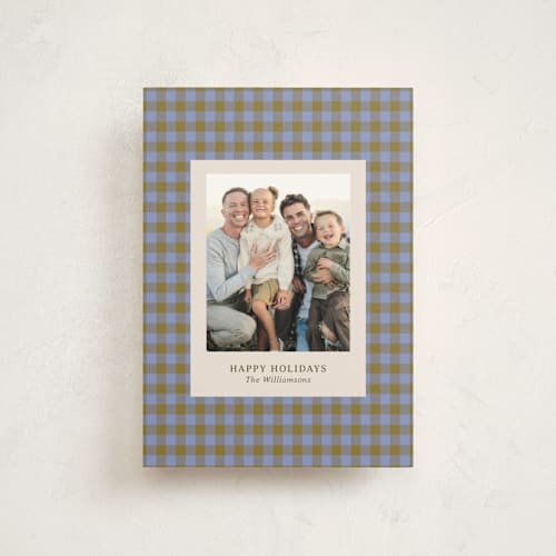 This is a blueberry petite holiday cards with standard by Beth Vassalo called cozy gingham printing on signature in petite
