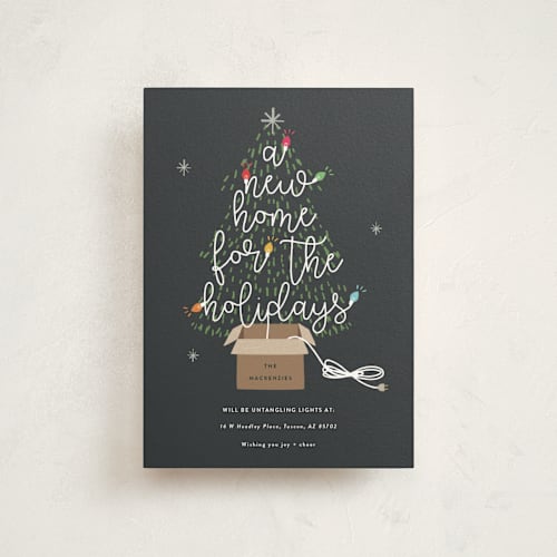 This is a charcoal petite holiday cards with standard by Corinne Malesic called twinkling new home printing on signature in petite