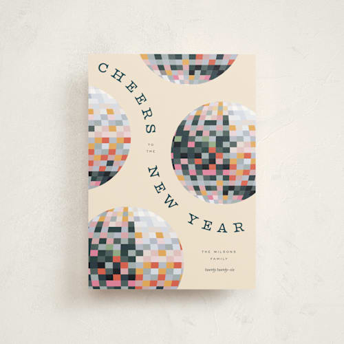 This is a champagne petite holiday cards with standard by Pixel and Hank called new year disco printing on signature in petite