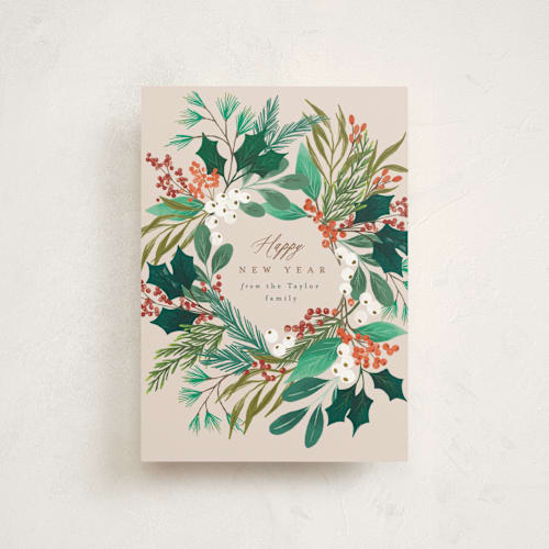 This is a buttercream petite holiday cards with standard by Alethea and Ruth called foliage wreath printing on signature in petite