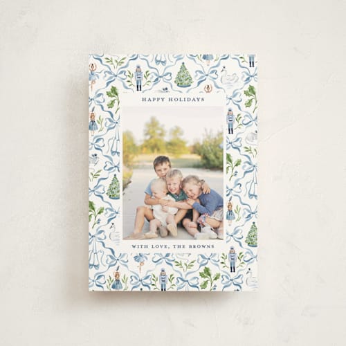 This is a blue ribbon petite holiday cards with standard by Sarah Knight called nutcracker ribbons printing on signature in petite