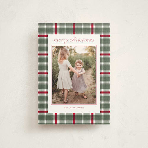 This is a wreath petite holiday cards with standard by Baumbirdy called traditional plaid printing on signature in petite