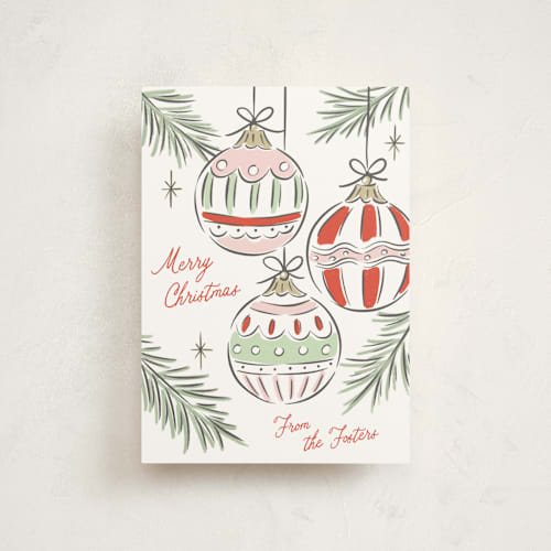 This is a festive petite holiday cards with standard by Erin German called bright ornaments printing on signature in petite