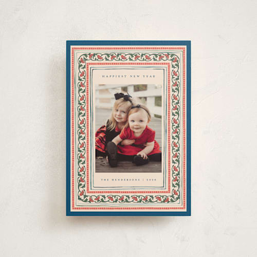 This is a blue jay christmas postcards with standard by Teju Reval called festive block print printing on signature in postcard